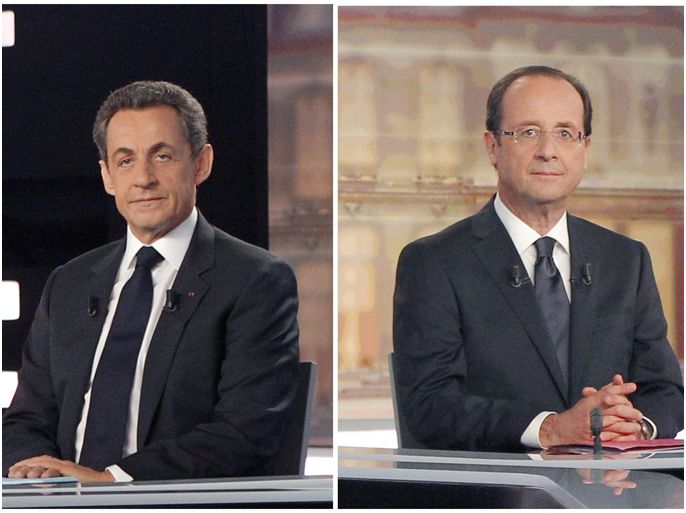 A combination made on May 2, 2012 shows two pictures of France's Socialist Party (PS) candidate for the 2012 French presidential election, Francois Hollande (R) and France's incumbent president and Union for a Popular Movement (UMP) party candidate, Nicolas Sarkozy (L) posings prior to the start of his national TV debate with France's incumbent president and Union for a Popular Movement (UMP) party candidate, between the two rounds of presidential election, on May 2, 2012, at the TV broadcast studio in La Plaine Saint-Denis, outside Paris. AFP