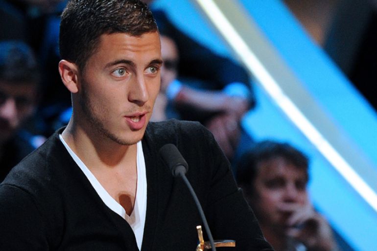 Lille's Belgian forward Eden Hazard delivers a speech after receiving the best L1 player trophy during the TV show "Canal Football Club" on May 14, 2012 in Paris, as part of the 20th edition of the UNFP (French National Professional Football players Union) trophy ceremony. AFP