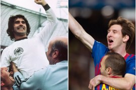 FC Barcelona midfielder Andres Iniesta celebrates after scoring the 2-0 lead with his teammate Lionel Messi (top, facing) (Right) and (FILE) A file picture dated 07 July 1974 shows Gerd 'Bomber' Mueller celebrating with then German national coach Helmut Schoen at the Olympic Stadium Munich after the 1974 World Cup final game