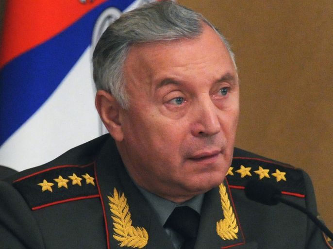 (FILES) A file picture taken on December 7, 2011, shows Russia's Chief of General Staff Nikolai Makarov briefing at a meeting in Moscow. Russia said today its dispute with the United States over missile defence was near a "dead end" and warned it might have to deploy new rockets in Europe to take out elements of the controversial shield. Chief of General Staff Nikolai Makarov said one option was for Russia to station short-range Iskander missiles in its Kaliningrad exclave near Poland in a long-discussed move that has gravely alarmed Eastern European states. AFP