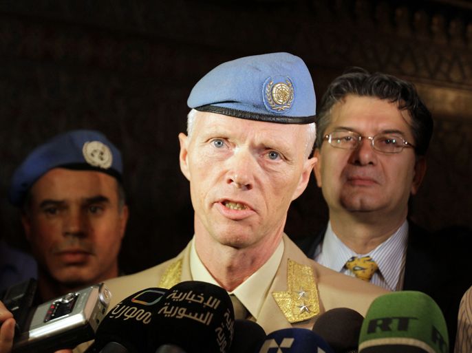 Norwegian Major General Robert Mood, who negotiated with Syrian authorities the conditions for the deployment of an advance team, speaks to the press upon his arrival at Damascus airport on April 29, 2012. The veteran peacekeeper is in Syria to take command of UN observers who urged all sides to respect a more than two-week-old ceasefire that has been violated with bloodshed each day. AFP