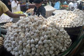 A vendor sells garlic at a grocery shop ahead of holy Fasting month of Ramadan, Karachi, Pakistan, 26 July 2011. Muslims all over the world are preparing for Ramadan, which according to Lunar calender would start from 01 or 02 of August. Ramadan prohibits eating, drinking, smoking and having sex from dawn to dusk. EPA/REHAN KHAN