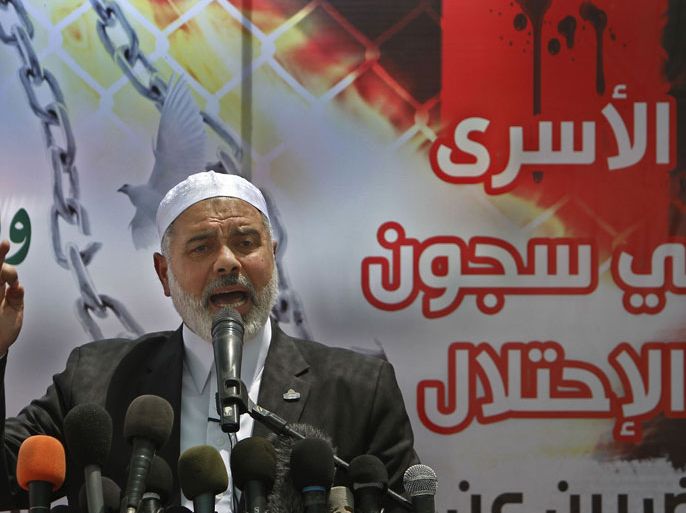 Hamas's Gaza premier Ismail Haniya delivers a speech during Friday prayers in Gaza City in support of more than a thousand prisoners who are on an open-ended hunger strike in Israeli jails on May 11, 2012
