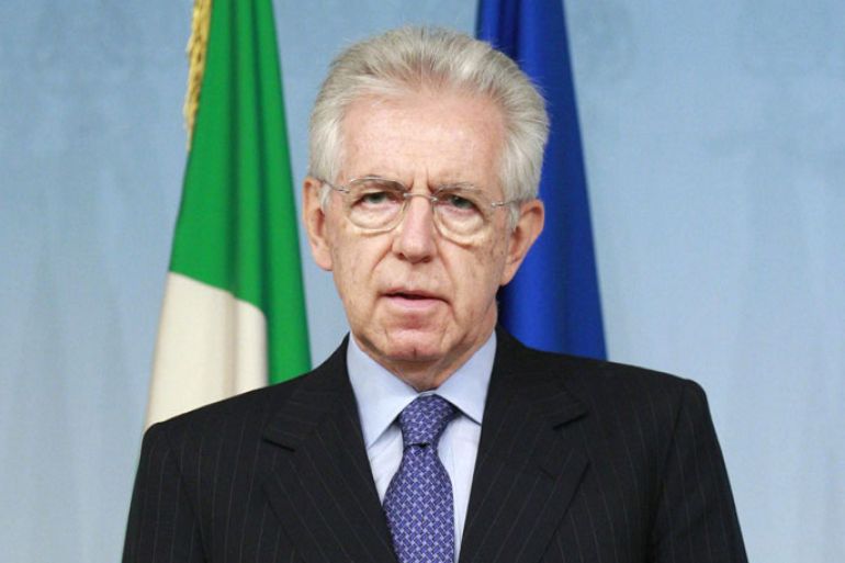 epa03240385 Italian Prime Minister Mario Monti speaks during a press conference at Chigi Palace, Rome, Italy, 29 May 2012. At least eight people were killed when a powerful aftershock shook areas of northern Italy that had been hit earlier this month by a devastating earthquake, reports said. Three of the victims died when a factory collapsed in San Felice sul Panaro in the Emilia Romagna region, Carabinieri police provincial commander Salvatore Iannizzotto said. The 5.8 magnitude shock was centred in the Emilia Romagna region and was felt as far as Milan in the Lombardy region. EPA/SAMANTHA ZUCCHI