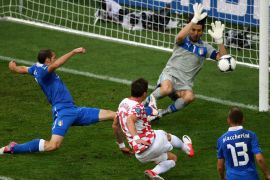 POZNAN, POLAND - JUNE 14: Mario Mandzukic of Croatia scores the opening goal past Gianluigi Buffon of Italy during the UEFA EURO 2012 group C match between Italy and Croatia at The Municipal Stadium on June 14, 2012 in Poznan, Poland. (Photo by Christof Koepsel/Getty Images)
