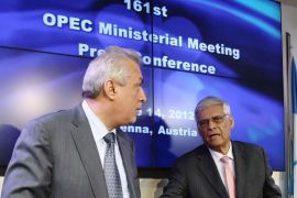 Iraq's Oil Minister and OPEC president Abdul Kareem Luaibi (L) and OPEC Secretary General Abdallah al-Badri leave a news conference after a meeting of OPEC oil ministers at OPEC's headquarters in Vienna, June 14, 2012. OPEC kept oil output limits on hold on Thursday at 30 million barrels a day, powerless to do anything other than hope top producer Saudi Arabia will scale back supplies unilaterally soon to stem a $30 slide in prices. REUTERS/Heinz-Peter Bader (AUSTRIA - Tags: POLITICS ENERGY)