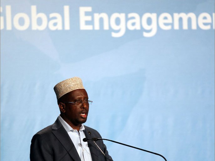 Transitional Federal Government of Somalia president Sheikh Sharif Ahmed speaks during the opening session of the second international anti-piracy conference in Dubai on June 27, 2012. AFP PHOTO/KARIM SAHIB