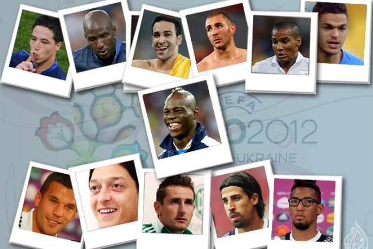 تصميم فني يجمع صور اللاعبين من أصول أجنبية في المنتخبات الأوربية ف أمم أوربا 2012