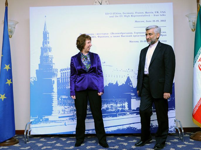 Moscow, -, RUSSIAN FEDERATION : EU foreign policy chief Catherine Ashton (L) and chief Iranian nuclear negotiator Saeed Jalili meet in Moscow, on June 18, 2012, before the start of the high-stakes talks on the controversial Iranian nuclear programme. Negotiators from Iran and world powers started today crunch talks in the Russian capital seen by some commentators as a final chance to solve the crisis diplomatically. AFP PHOTO