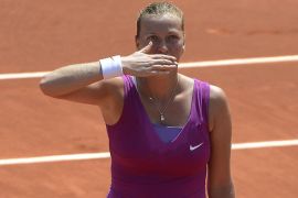 Czech Republic's Petra Kvitova reacts after winning over Russia's Nina Bratchikova during their Women's Singles 3rd Round tennis match of the French Open tennis tournament at the Roland Garros stadium, on June 2, 2012 in Paris. AFP PHOTO / PASCAL GUYOT