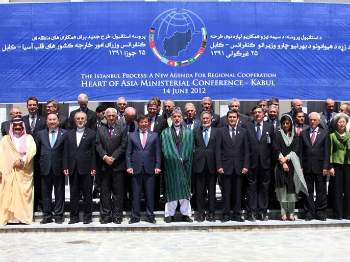 epa03264124 Afghan President Hamid Karzai (7-L) stands with representatives of the participating nations in a regional conference on security and confidence-building engagement with its neighbouring countries, in Kabul, Afghanistan, 14 June 2012. The conference called 'Heart of Asia' scheduled for 14 June in the Afghan capital Kabul, will see ministers and senior government officials from 15 different countries, including Pakistan, Iran, Turkey and the Central Asian nations, the official said. A decade on, the Taliban movement is still a strong force in Afghanistan as they continue deadly attacks against the Afghan government and the NATO-led international forces. EPA/STR