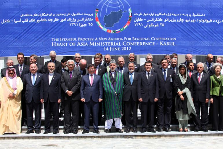 epa03264124 Afghan President Hamid Karzai (7-L) stands with representatives of the participating nations in a regional conference on security and confidence-building engagement with its neighbouring countries, in Kabul, Afghanistan, 14 June 2012. The conference called 'Heart of Asia' scheduled for 14 June in the Afghan capital Kabul, will see ministers and senior government officials from 15 different countries, including Pakistan, Iran, Turkey and the Central Asian nations, the official said. A decade on, the Taliban movement is still a strong force in Afghanistan as they continue deadly attacks against the Afghan government and the NATO-led international forces. EPA/STR