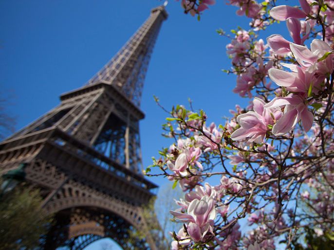 epa03160004 Trees blossom at the foot of the landmark Eiffel Tower in Paris, France, 26 March 2012. EPA/IAN LANGSDON