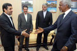 • A handout picture made available by Iranian President Mahmoud Ahmadinejad's official website shows Ahmadinejad (L) greets UN-Arab League envoy Kofi Annan (R), in the Qeshm Island, Homozgan province, Iran, 11 April 2012. Iran told visiting Annan that President Bashar al-Assad should stay in power regardless of whatever decisions taken in the Syrian conflict. EPA/PRESIDENTIAL OFFICIAL WEBSITE / HANDOUT HANDOUT EDITORIAL USE ONLY/NO SALES