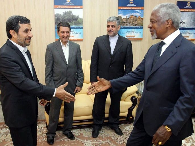 • A handout picture made available by Iranian President Mahmoud Ahmadinejad's official website shows Ahmadinejad (L) greets UN-Arab League envoy Kofi Annan (R), in the Qeshm Island, Homozgan province, Iran, 11 April 2012. Iran told visiting Annan that President Bashar al-Assad should stay in power regardless of whatever decisions taken in the Syrian conflict. EPA/PRESIDENTIAL OFFICIAL WEBSITE / HANDOUT HANDOUT EDITORIAL USE ONLY/NO SALES