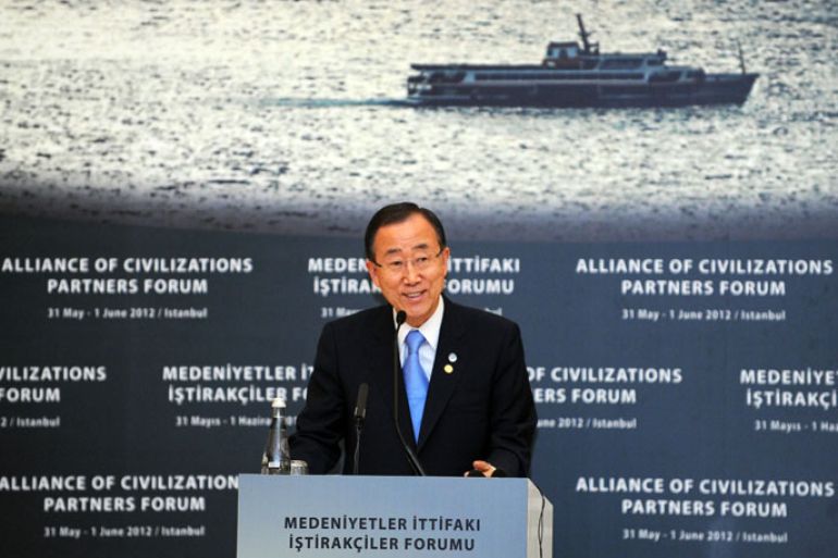 Istanbul, Istanbul, TURKEY : UN Secretary-General Ban Ki-moon speaks during the Alliance of Civilizations Partners Forum in Istanbul, on May 31, 2012. UN Secretary-General Ban Ki-moon urged Syria to honour its commitment to a peace plan drawn up by international mediator Kofi Annan after the massacre of more than 100 civilians in Houla. AFP PHOTO/BULENT KILIC