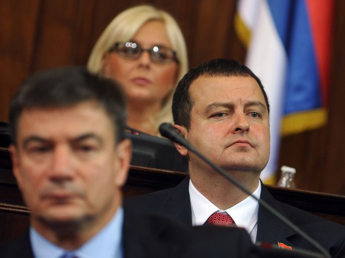 Prime minister-designate Ivica Dacic looks on at the Serbian National assembly building during of a parliament session in Belgrade on July 26, 2012. AFP