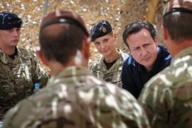 British Prime Minister David Cameron meets British soldiers based at Lashkar Gah in Helmand Province on July 18, 2012. Cameron arrived in Afghanistan on on July 18, Afghan officials said. Cameron flew into the southern city of Lashkar Gar, capital of Helmand province, where British forces are based. Britain has around 9,500 troops in Afghanistan, making it the second-largest contributor to the NATO-led International Security Assistance Force after the United States. AFP