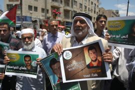 Palestinian supporters of the Islamic militant movement of Hamas, hold pictures of their relatives jailed in Palestinian authority prisons as they protest close to president Mahmud Abbas' headquarters, in the West Bank city of Ramallah, on July 4 2012. The protesters are demanding the release of their jailed relatives. AFP