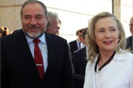 epa03307727 US Secretary of State Hillary Clinton (2-R) meets with Israeli Foreign Minister Avigdor Lieberman (L) in Jerusalem, Israel, 16 July 2012. US Secretary of State Hillary Rodham Clinton landed in Israel overnight for a brief visit, focusing on Israel's tense relations with post-revolution Egypt, Iran and the stalled peace process with the Palestinians. She was scheduled to meet Foreign Minister Avigdor Lieberman, President Shimon Peres, Defence Minister Ehud Barak and Prime Minister Benjamin Netanyahu. It is her first visit for around two years and the last leg of a 12-day tour abroad which included Egypt for her first talks with its new president, Mohammed Morsi of the Muslim Brotherhood. She is also expected to meet acting Palestinian Prime Minister Salam Fayyad in the West Bank. EPA/ABIR SULTAN