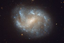 handout image made available by NASA's Hubble Space Telescope 09 March 2012 showing the galaxy NGC 1483. NGC 1483 is a barred spiral galaxy located in the southern constellation of Dorado — the dolphinfish (or Mahi-mahi fish) in Spanish. The nebulous galaxy features a bright central bulge and diffuse arms with distinct star-forming regions. In the background, many other distant galaxies can be seen. The constellation Dorado is home to the Dorado Group of galaxies, a loose group comprised of an estimated 70 galaxies and located some 62 million light-years away. The Dorado group is much larger than the Local Group that includes the Milky Way (and which contains around 30 galaxies) and approaches the size of a galaxy cluster. Galaxy clusters are the largest groupings of galaxies (and indeed the largest structures of any type) in the universe to be held together by their gravity. Barred spiral galaxies are so named because of the prominent bar-shaped structures found in their center. They form about two thirds of all spiral galaxies, including the Milky Way. Recent studies suggest that bars may be a common stage in the formation of spiral galaxies, and may indicate that a galaxy has reached full maturity. EPA/ESA/Hubble & NASA / HANDOUT EDITORIAL USE ONLY