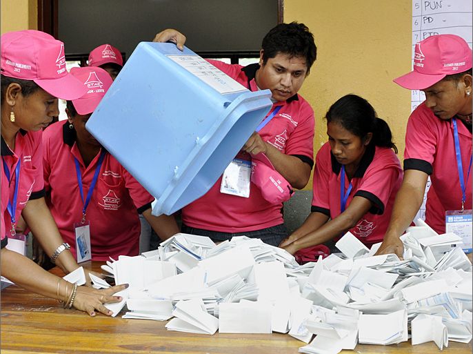 East Timor parliamentary election officials empty a ballot box to start counting in Dili on July 7, 2012. East Timor's voters went to the polls in parliamentary elections seen as a key test for the young and fragile democracy and likely to determine if UN peacekeepers can leave by the end of the year. AFP PHOTO / Valentino DARIEL SOUSA