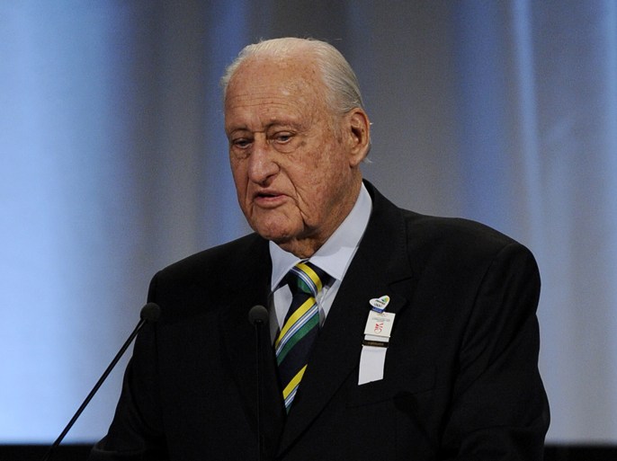 Photo taken on October 2, 2009 in Copenhagen shows former FIFA president Brazilian Joao Havelange presenting Rio's bid for the 2016 Olympics. Havelange received enormous bribes from FIFA's discredited former marketing company, court documents released in Switzerland reveal.The bribes, made by International Sport and Leisure (ISL), were detailed in documents made public by Switzerland's supreme court and published by the BBC on July 11, 2012. AFP