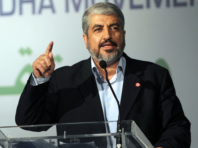 Khaled Meshaal,political chief of the Palestinian Islamist movement Hamas which rules the Gaza Strip speaks at the congress of the Tunisia's ruling Islamist party Ennahda on July 12, 2012 in Tunis. The head of Ennahda Rached Ghannouchi called for "national consensus" at the launch of its first congress at home in 24 years, held at a time of political and religious tensions. About 1,100