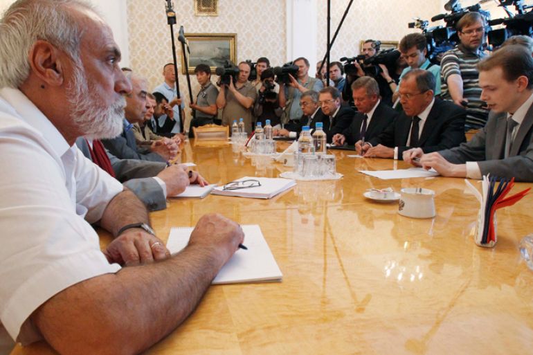 Russia's Foreign Minister Sergei Lavrov (2nd R) attends a meeting with members of the delegation representing the Syrian opposition at the Foreign Ministry headquarters in Moscow July 9, 2012. REUTERS