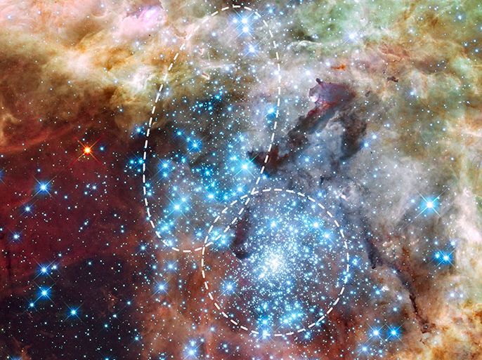 Data from NASA's Hubble Space Telescope shows two clusters full of massive stars that may be in the early stages of merging as seen in this handout photo released August 16, 2012. The 30 Doradus Nebula is 170,000 light-years from Earth. What at first was thought to be only one cluster in the core of the massive star-forming region 30 Doradus has been found
