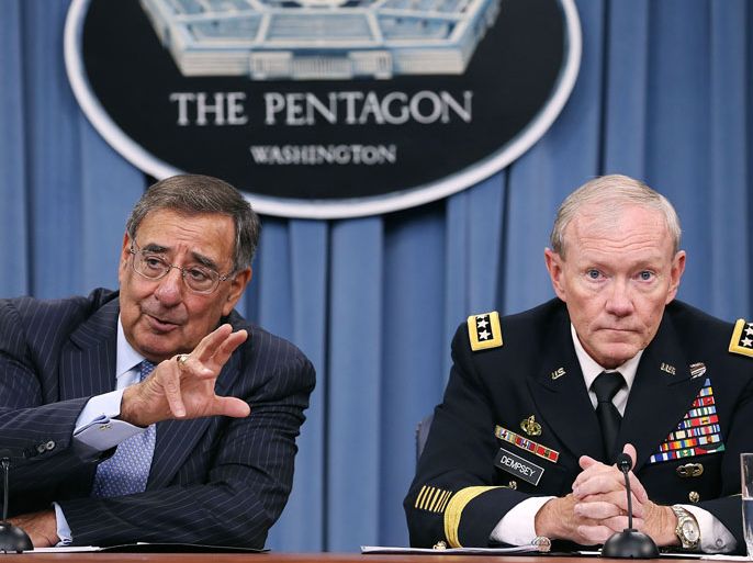 U.S. Secretary of Defense Leon Panetta (L), and Chairman of the Joint Chiefs of Staff Gen. Martin Dempsey speak to the media during a briefing at the Pentagon, on August 14, 2012 in Arlington, Virginia. Secretary Panetta spoke on various topics including in Syria, Iran and Afghanistan. Mark Wilson/Getty Images/AFP== FOR NEWSPAPERS, INTERNET, TELCOS & TELEVISION USE ONLY ==