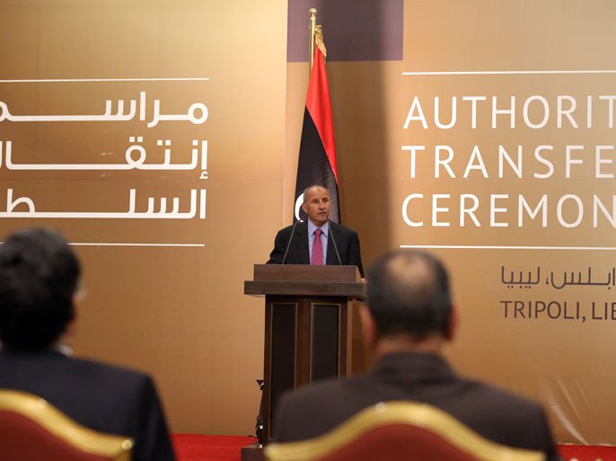 Libya's National Transitional Council's chief, Mustafa Abdel Jalil During his speech, the transfer of authority ceremony in tripoli on August 8, 2012. Lib