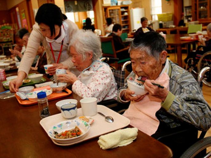 Japanese elderly eat lunch in the cafeteria at Yairo-en Nursing Home for the Aged in Urasa town, Niigata province, Tuesday 27 March 2007. Japan's elderly population over the age of 65 stands at 20.2 percent, the highest in the world, and is expected to reach 30 percent in 2023, and 40 percent in 2052. EPA/EVERETT KENNEDY BROWN