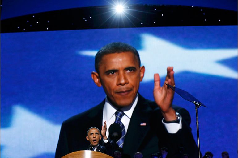 U.S. President Barack Obama addresses delegates and accepts the 2012 U.S Democratic presidential nomination during the final session of Democratic National Convention in Charlotte, North Carolina, September 6, 2012. REUTERS/Jim Young (UNITED STATES - Tags: ELECTIONS POLITICS)