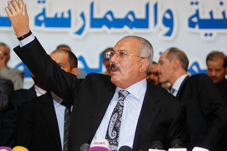 Yemen's former President Ali Abdullah Saleh waves at supporters during a ceremony marking the 30th anniversary of the establishment of the General People's Congress party, which he is leading, in Sanaa September 3, 2012. Saleh stepped down in February after more than a year of countrywide protests demanding his resignation. REUTERS