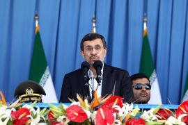 AK012 - Tehran, -, IRAN : Iranian President Mahmoud Ahmadinejad delivers a speech during an annual military parade which marks Iran's eight-year war with Iraq, in the capital Tehran, on September 21, 2012. Iran proudly paraded its military hardware in Tehran under the gaze of President Mahmoud Ahmadinejad, who used the event to again defiantly lash out at the West and Israel. AFP PHOTO/ATTA KENARE