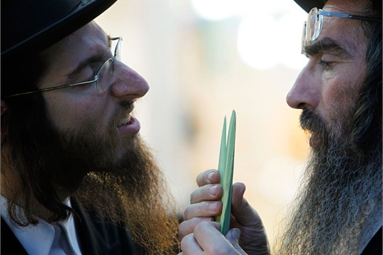 Ultra-Orthodox Jewish men check a palm frond for blemishes at a market in Jerusalem's Mea Shearim neighbourhood September 28, 2012. The branches are used to cover the roof of the ritual booths known as sukkah, used during the week-long Jewish holiday of Sukkot, which begins at sundown on Sunday. REUTERS/Amir Cohen(JERUSALEM - Tags: RELIGION)