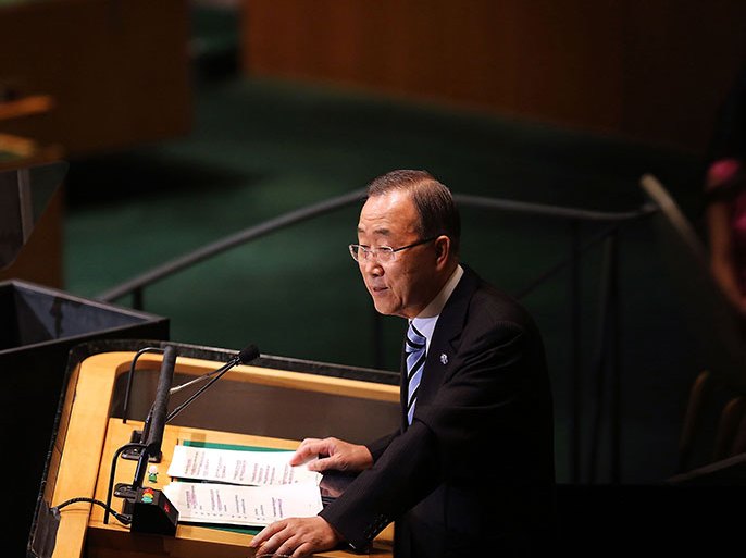 NEW YORK, NY - SEPTEMBER 25: United Nations Secretary-General Ban Ki-moon addresses the United Nations General Assembly on September 25, 2012 in New York City. Over 120 prime ministers, presidents and monarchs are gathering this week at the U.N. for the annual meeting. This year's focus among leaders will be the ongoing fighting in Syria, which is beginning to threaten regional stability.