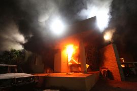 The U.S. Consulate in Benghazi is seen in flames during a protest by an armed group said to have been protesting a film being produced in the United States September 11, 2012. A deadly attack on the U.S