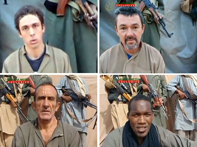 A combo made on September 8, 2012 shows four TV grabs made out of a video uploaded today to the Mauritanian news website Sahara Medias and showing four of the six French hostages held by Al-Qaeda in the Islamic Maghreb (AQIM) (LtoR) Pierre Legrand, Marc Feret, Daniel Larribe and Thierry Dole. Al-Qaeda's North Africa branch on September 20, 2012 threatened to kill French hostages it kidnapped in Niger two years ago, accusing Paris of backing plans for an invasion of Islamist-held northern Mali. AFP PHOTO/SAHARA MEDIAS