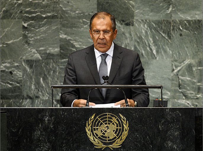 Russian Foreign Minister Sergei Lavrov speaks during the 67th session of the United Nations General Assembly at the United Nations in New York on September 28, 2012. AFP PHOTO/ TIMOTHY A. CLARY