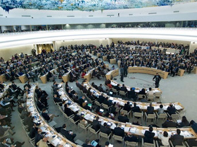 epa03125763 A general view shows the assembly of the 19th session of the Human Rights Council meeting during an Urgent debate on Syria, at the European headquarters of the United Nations in Geneva, Switzerland, 28 February 2012. The Human Rights Council opens a four-week session on 28 February 2012 with member states and top officials. EPA/SALVATORE DI NOLFI