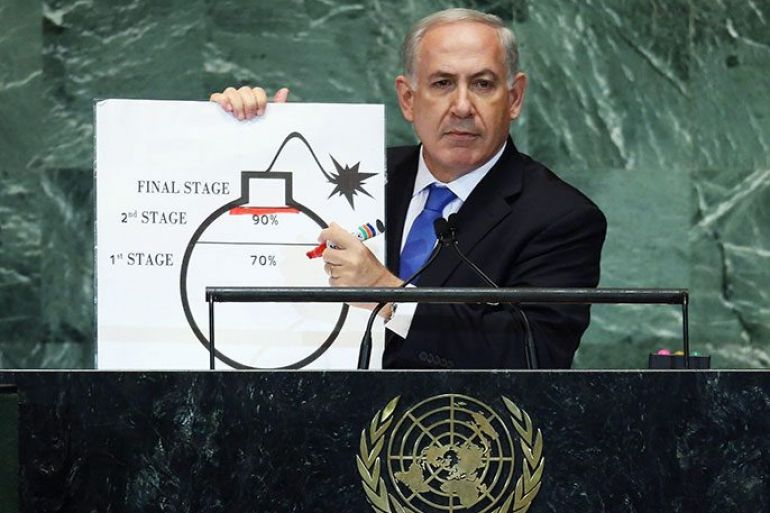 NEW YORK, NY - SEPTEMBER 27: Benjamin Netanyahu, Prime Minister of Israel, pauses after drawing a red line on a graphic of a bomb while discussing Iran during an address to the United Nations General Assembly on September 27, 2012 in New York City. The 67th annual event gathers more than 100 heads of state and government for high level meetings on nuclear safety, regional conflicts, health and nutrition and environment issues. Mario Tama/Getty Images/AFP== FOR NEWSPAPERS, INTERNET, TELCOS &amp; TELEVISION USE ONLY ==