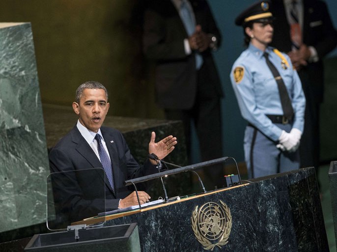 US President Barack Obama addresses the General Assembly of the United Nations September 25, 2012 in New York. Obama insisted Tuesday there has been "progress" since the Arab Spring but said the recent turmoil in the Muslim world showed the hard task of achieving true democracy