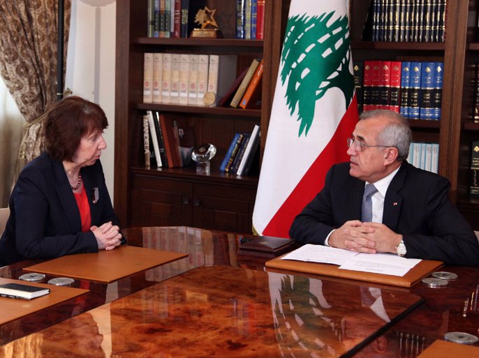 Baabda, -, LEBANON : A handout picture released by the Lebanese photo agency Dalati and Nohra on October 23, 2012, shows Lebanese President Michel Sleiman (R) meeting with European Union foreign policy chief Catherine Ashton at the Presidential Palace in Baabda. Ashton warned against a political vacuum in Lebanon after the opposition called for the premier to step down over a deadly blast blamed on Syria, state media said.