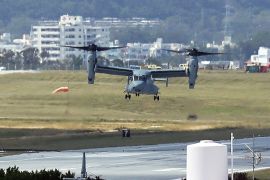 afp : A controversial US aircraft MV-22 Osprey arrives at US Marines' Futenma Air Station in Ginowan city, Japan's southern island of Okinawa on October 1, 2012. Six Ospreys were deployed in Okinawa, drawing sharp reactions from local people who are opposed to the move amid persistent concern over the aircraft's safety. AFP PHOTO / JIJI PRESS JAPAN OUT