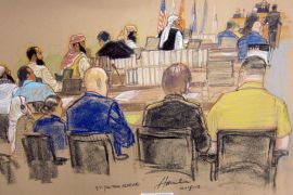 This courtroom sketch by artist Janet Hamlin shows the alleged five men(above) accused of conspiracy in the September 11, 2001 attacks shown sitting at their Military Commissions hearing on October 15, 2012 at the US Navy base Guantanamo Bay, Cuba. Long-delayed efforts to try Khalid Sheikh Mohammed and four Al-Qaeda co-defendants finally got under way on Monday with a pre-trial hearing at Guantanamo. Eleven years after the attacks and nine-and-a-half years after his capture in Pakistan, KSM sat on a court bench wearing a white turban, his beard dyed with henna, as victims' family members looked on from behind a glass screen.