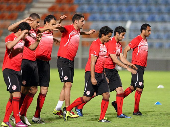 Tunisian football team players attend a training session in Muscat on March 28, 2011 on the eve of their friendly football match against Oman.