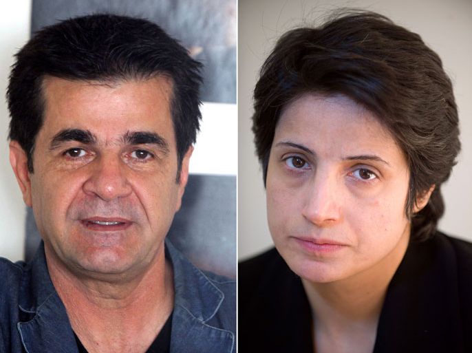 A combination of two file images shows Iranian film director Jafar Panahi (L) posing during an interview with AFP in Tehran on August 30, 2010 and Iranian lawyer Nasrin Sotoudeh posing in Tehran on November 1, 2008. Film-maker Jafar Panahi and rights lawyer Nasrin Sotoudeh of Iran have won the European Parliament's Sakharov rights prize, lawmakers said in a series of tweeted messages on October 26, 2012