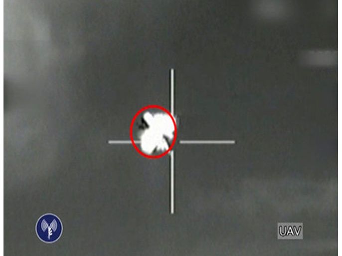 A handout Video Grab released by the Israeli Defence Force on 06 October 2012 showing the explosion as the Israeli air force on 06 October 2012 shot down a drone of unknown origin in the south of the country. Soldiers were searching for the wreckage of the unmanned aircraft that was intercepted over the Negev desert. Israel's nuclear plant is situated at Dimona in the northern Negev. The facility is thought to be a centre for atomic weapons manufacture, but the Israel government neither admits nor denies this. EPA/VIDEO GRAB / ISRAELI DEFENCE FORCE / HANDOUT HANDOUT EDITORIAL USE ONLY/NO SALES